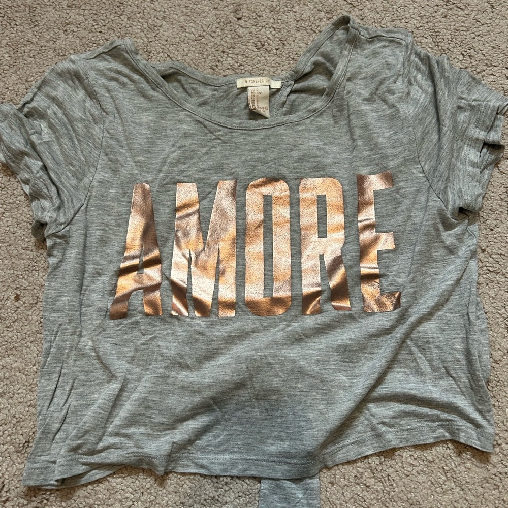 Forever 21 Girls Gray Amore Rose Gold Lettering Tee Shirt Size Small